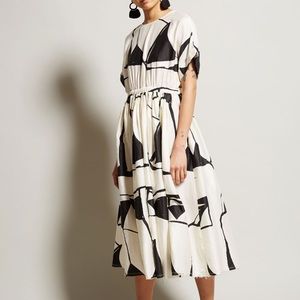 Black Crane Printed Pleated Midi Dress